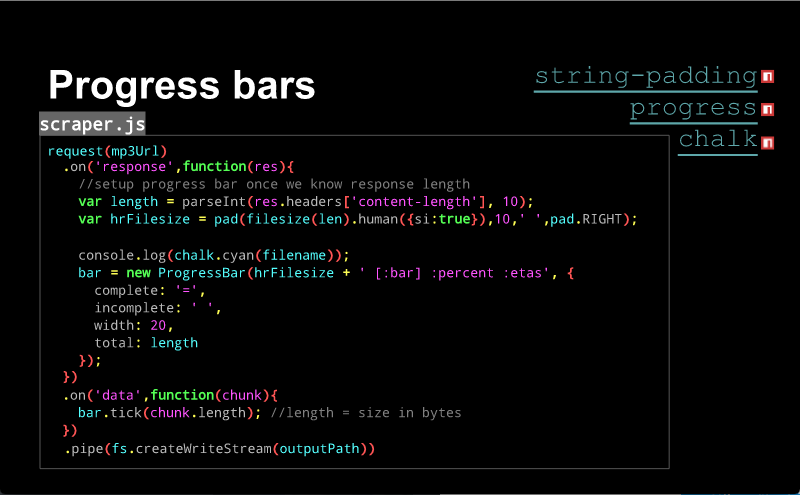 Slide about building progress bars. There are many many lines of code visible.