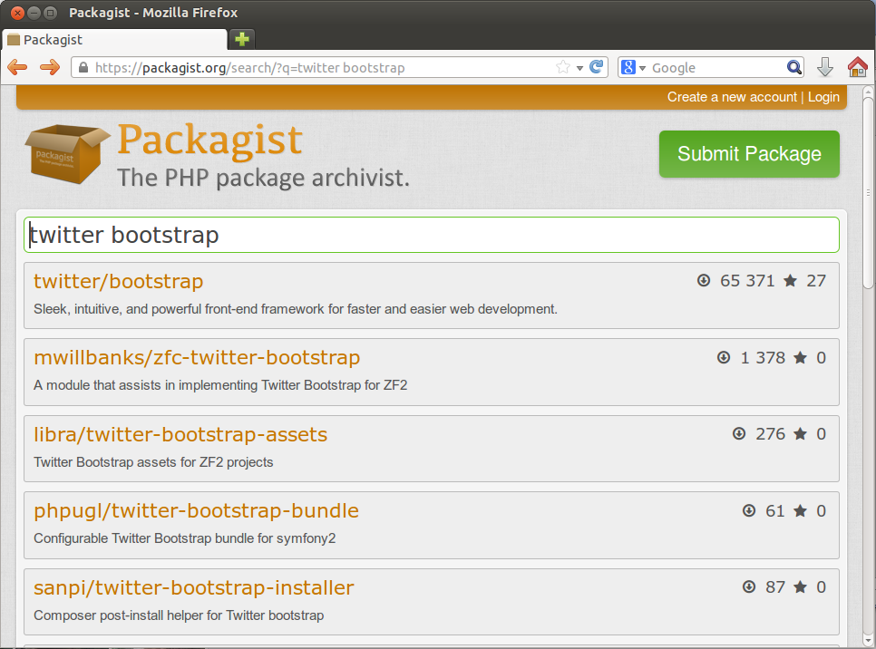 a screenshot of packagist.org with 'twitter bootstrap' in the search box and search results displayed below