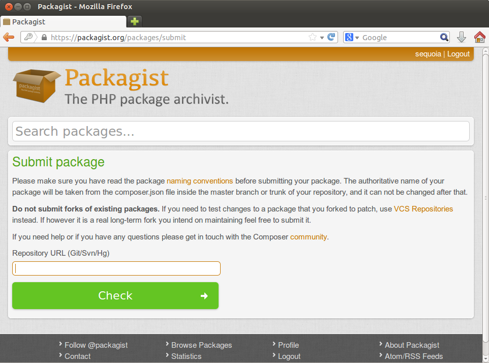 screenshot of packagist.org: submit package page. Form contains a single input field for VCS repo location and a large green button labeled 'check'.