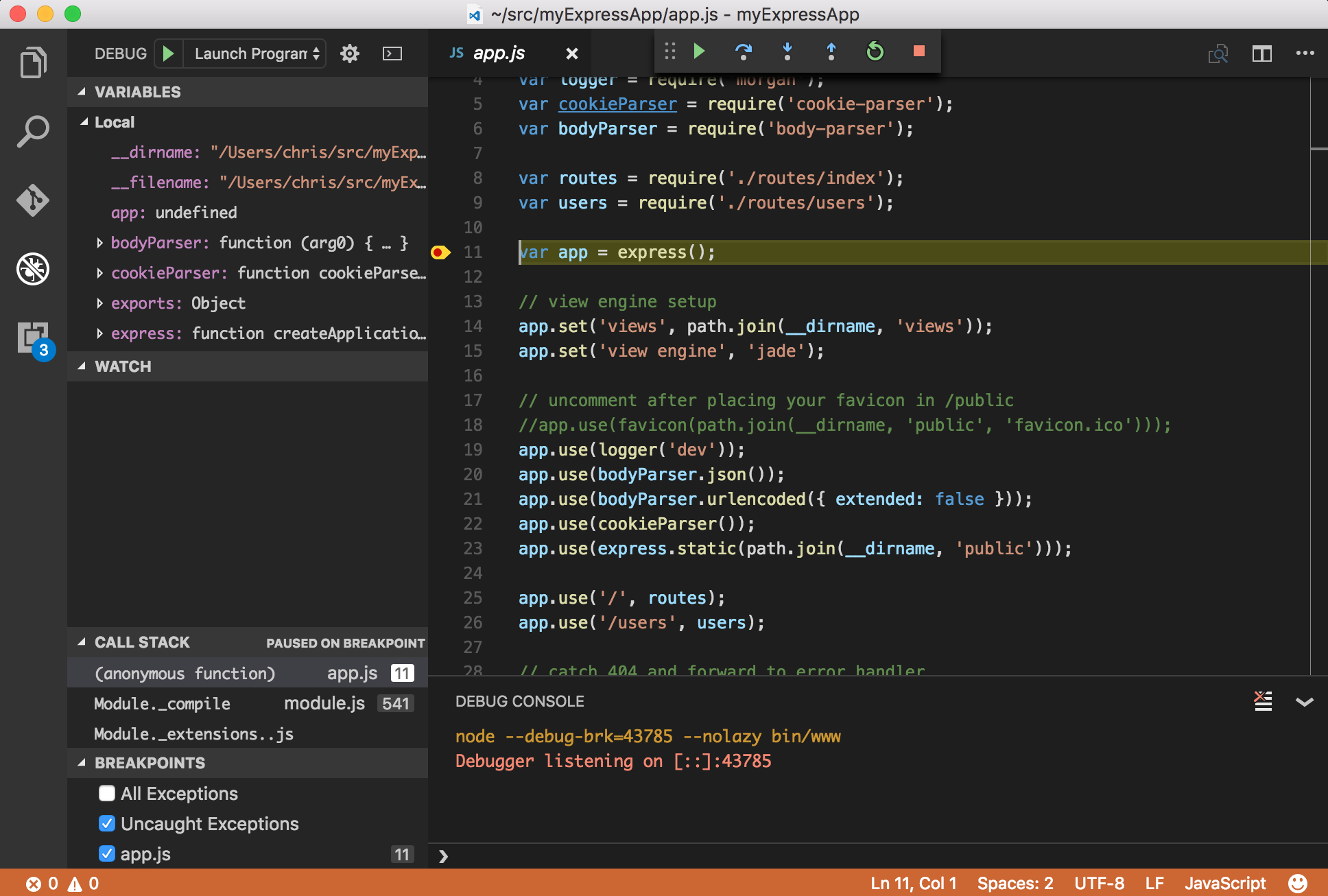 vscode with debugger running