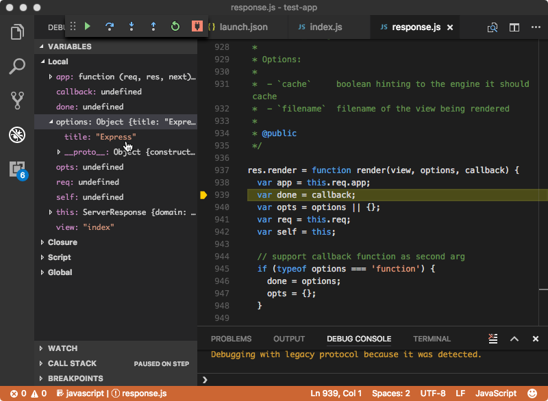 Mover hovered over VSCode variable "options.title"