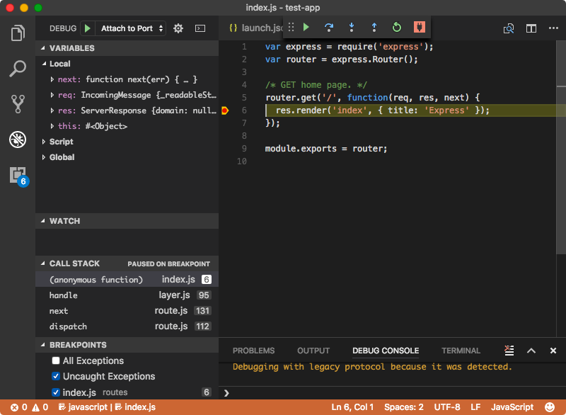 Hit first Breakpoint, VS Code loaded