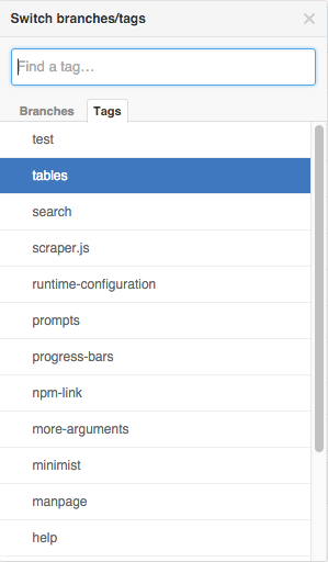 List of named tags on a repository on github. Tags have names like "test," "tables," "search," "progress-bars" etc.